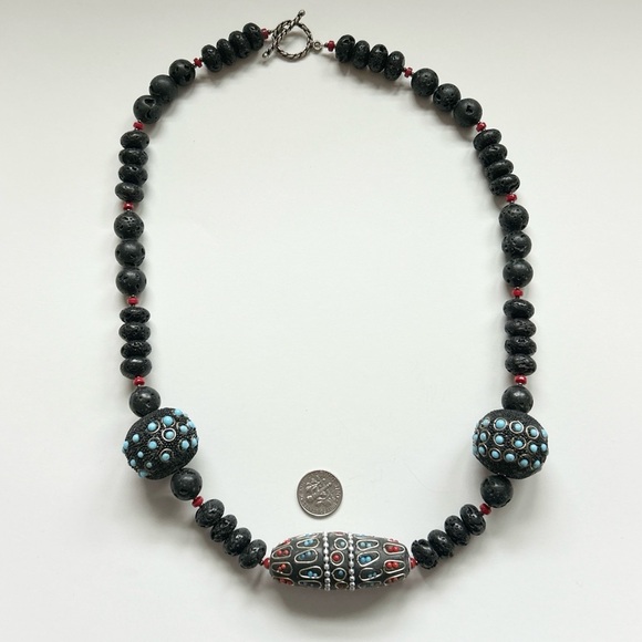 Statement Black Lava Bead Turquoise Coral Necklace - Picture 5 of 13